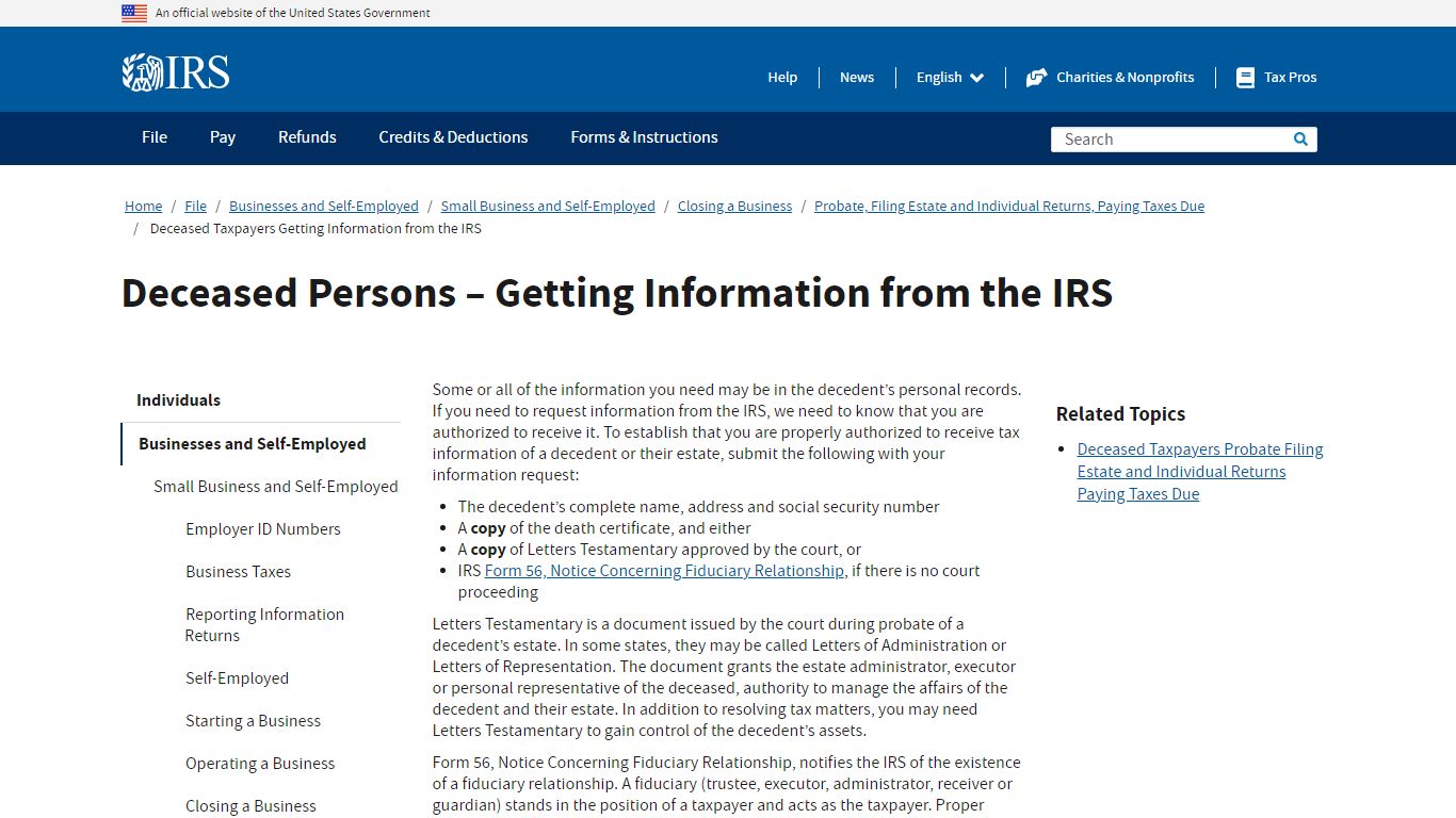 Deceased Persons – Getting Information from the IRS - IRS tax forms